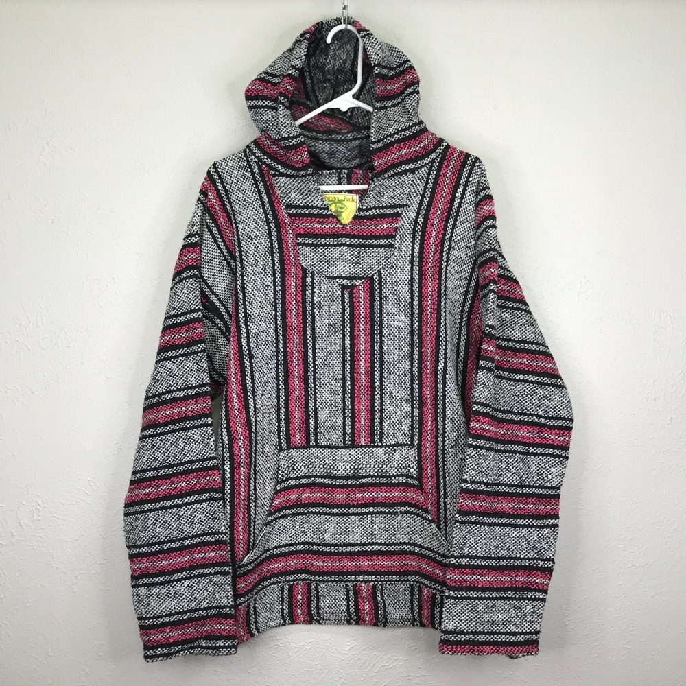 Iguana Jack Baja Hoodie Womens XL Pink Black White Striped Jerga Pullover Coat